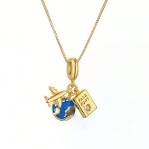 Gold and Blue Charm Necklace with Travel Motifs